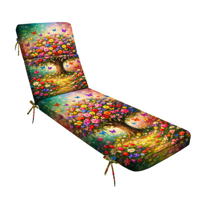  Outdoor Indoor 3'' Lounge Patio Cushion Vibrant Fantasy Tree Colorful Flowers Butterflies Water-Resistant Chaise Lounge Cushion for Chair Patio Furniture Seat Cushion