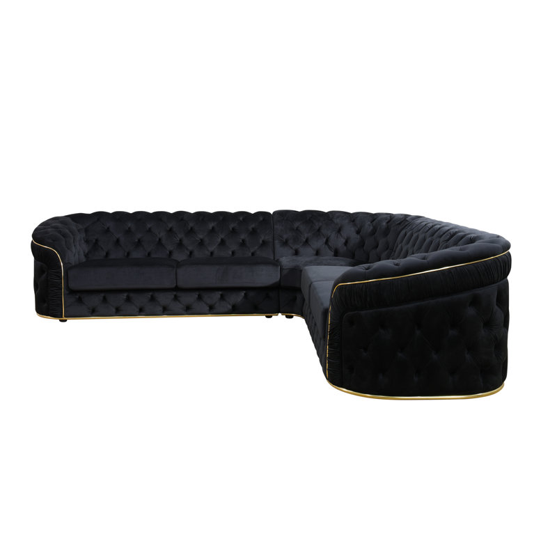 3-Piece Button Tufted Black Flannel Upholstered Sectional