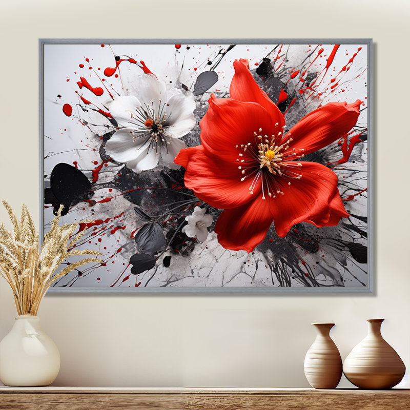 Red Grey Botanical Symphony I - Abstract Botanicals, reproduction d'art sur toile encadrée, H 30 po x l 40 po, Argent argent