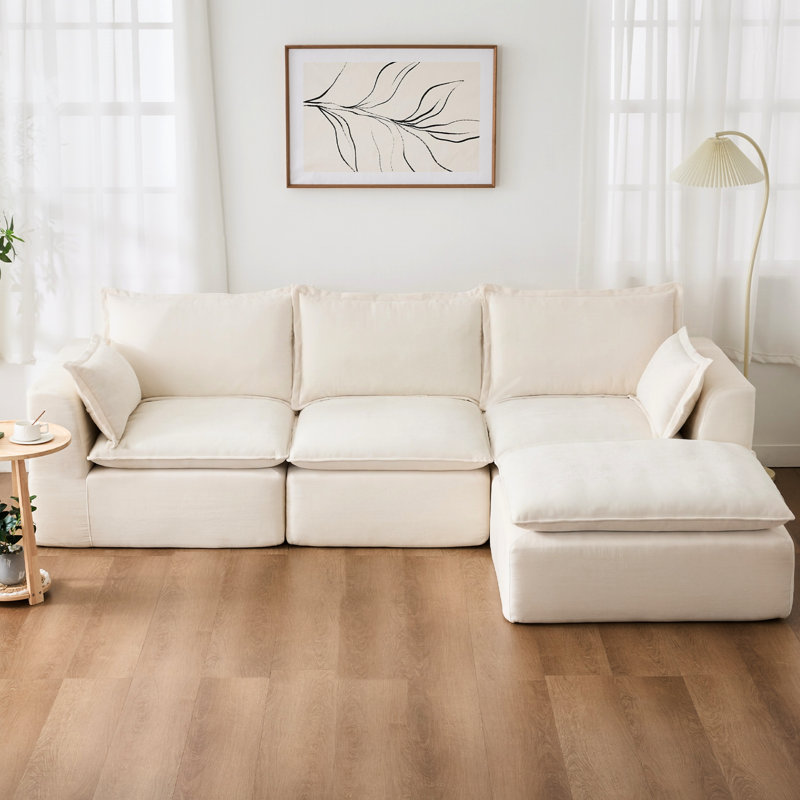 113"  L-Shape Compression Boneless Cloud Modular Sofa Couch, Beige Chenille