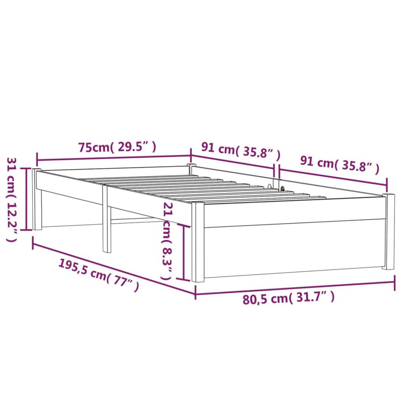Bed Frame Solid Wood, Small Single (2'6'), white