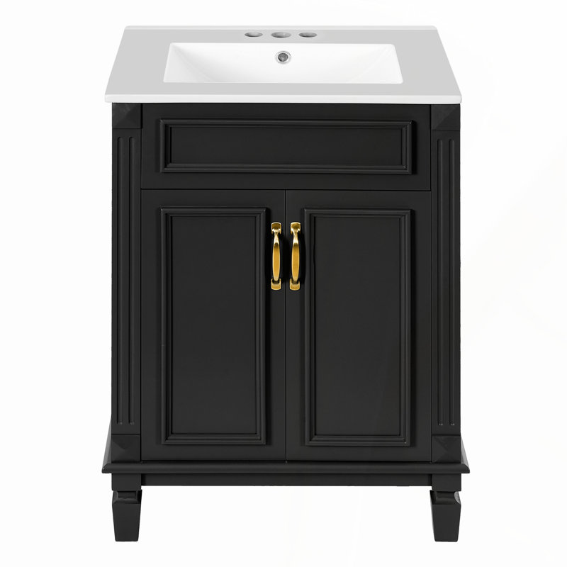 Meuble-lavabo autoportant de 48 pouces avec pieds dorés, 3 tiroirs, 2 portes, lavabo en céramique à motif de pierre noire et plateau en pierre frittée