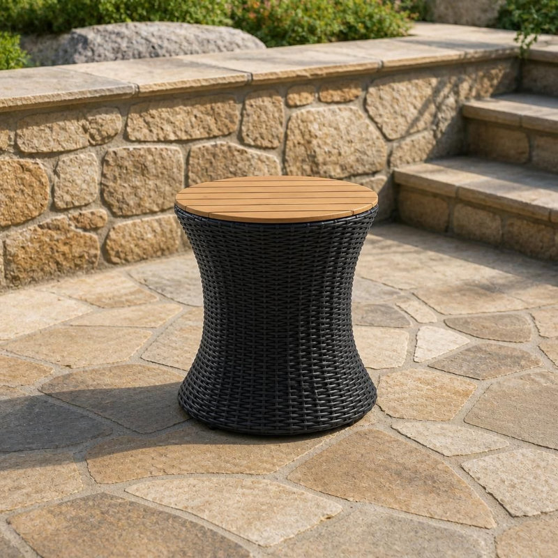 Table d'appoint ronde d'extérieur résistante aux intempéries, table de bout de patio avec plateau en bois massif et base en sablier tressé