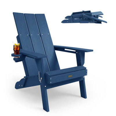 All Weather HDPE Folding Outdoor Adirondack Chair with Cup Holders Durable Oversized Fire Pit Chair Easy Assembly Easy Maintenance Patio Lawn Chair with 380Lbs Load Bearing for Porch, Garden, Backyard, Patio, Deck, Fire pit, Dark Blue