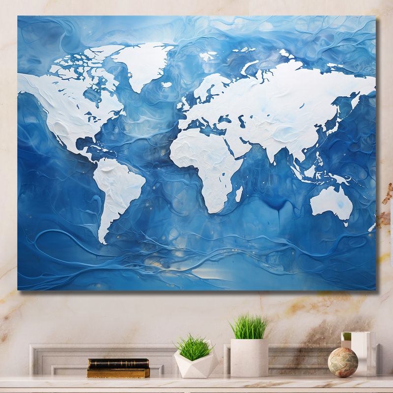 «Majestic Meridians Blue World Map I», reproduction sur toile, Toile tendue, H 12 po x l 20 po x P 1 po