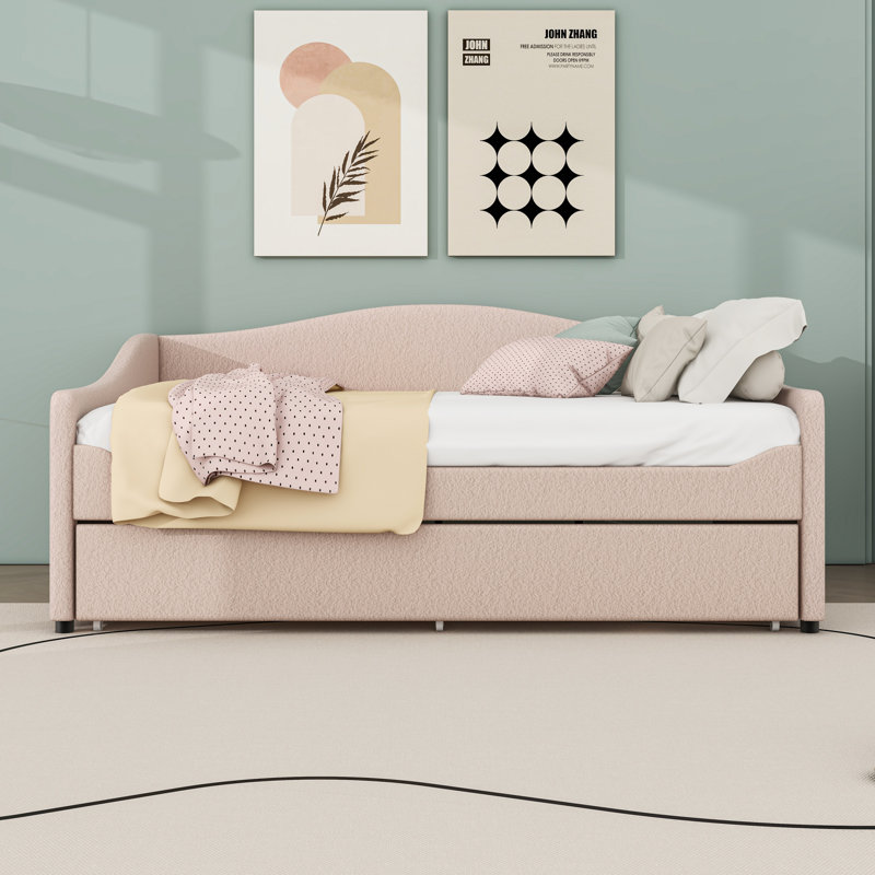 Upholstered Daybed with Trundle and LED Lights, Beige, Full/Double