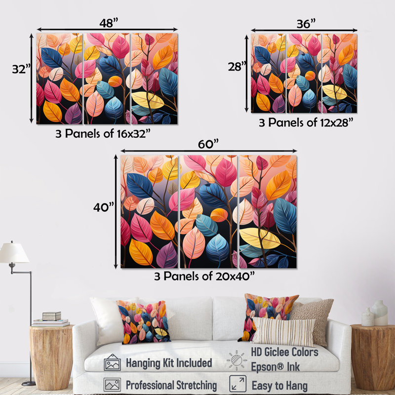 «Colorful Pastel Vibrant Foliage - Leaves», ensemble d'art sur toile, Toile tendue, H 28 po x l 36 po x P 1 po