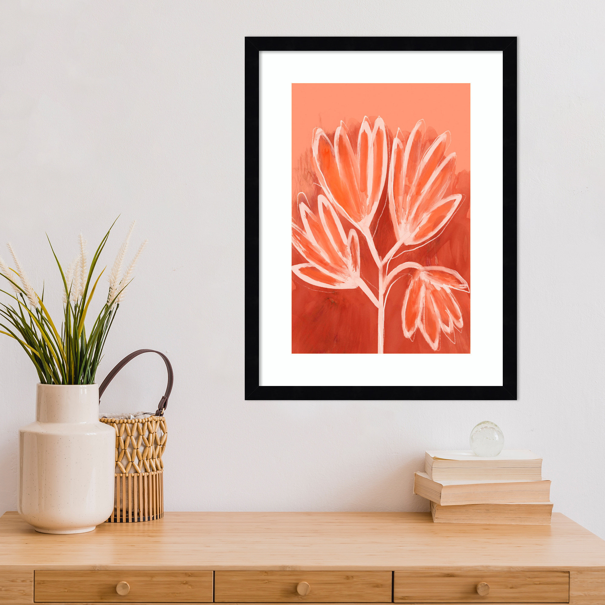 Peachy Flowers by Treechild Wood Framed Wall Art Print, 21" H x 16" W, Black