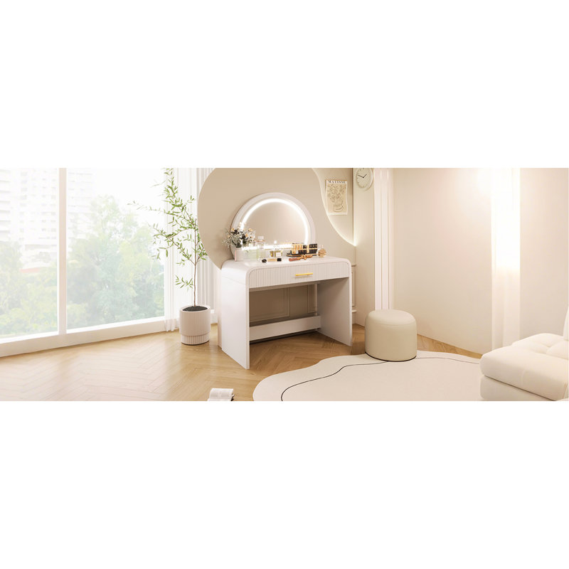39" White Makeup Vanity Table For Bedroom. Touch Screen Mirror With Lights & Drawer. Elegant Curved Design. Enough Storage Cosmetics. And Practical. Simple To Install