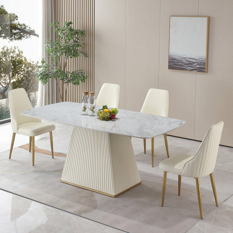 Table de salle à manger en pierre frittée de 71 po avec 6 chaises, blanc, teinté, table et chaise contemporaines à température, facile à entretenir, qualité de surface chauffante