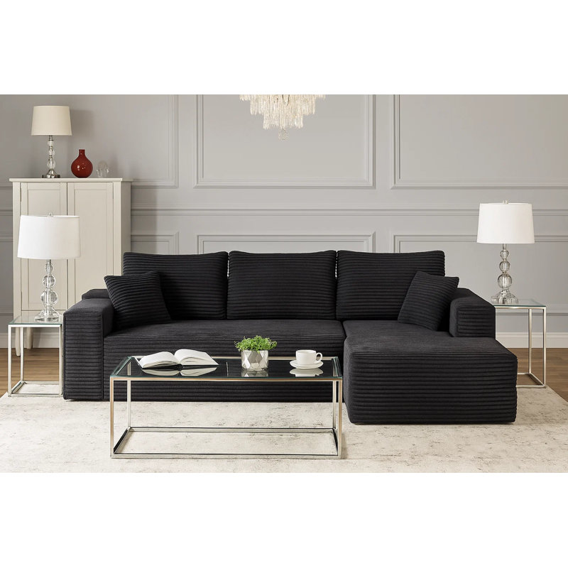 Canapé modulaire en velours côtelé 2 pièces 104 po avec méridienne 104 po côté droit - revêtement en L noir, Orienté à droite