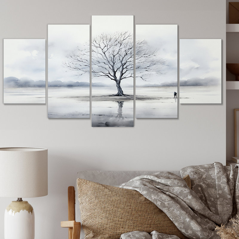  «Minimalisme gris arbre solitude VI - décoration murale florale - 5 panneaux