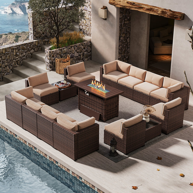 Tomijs 15 Piece Rattan Sofa Seating Group with Fire Fit Table, Cream, Brown