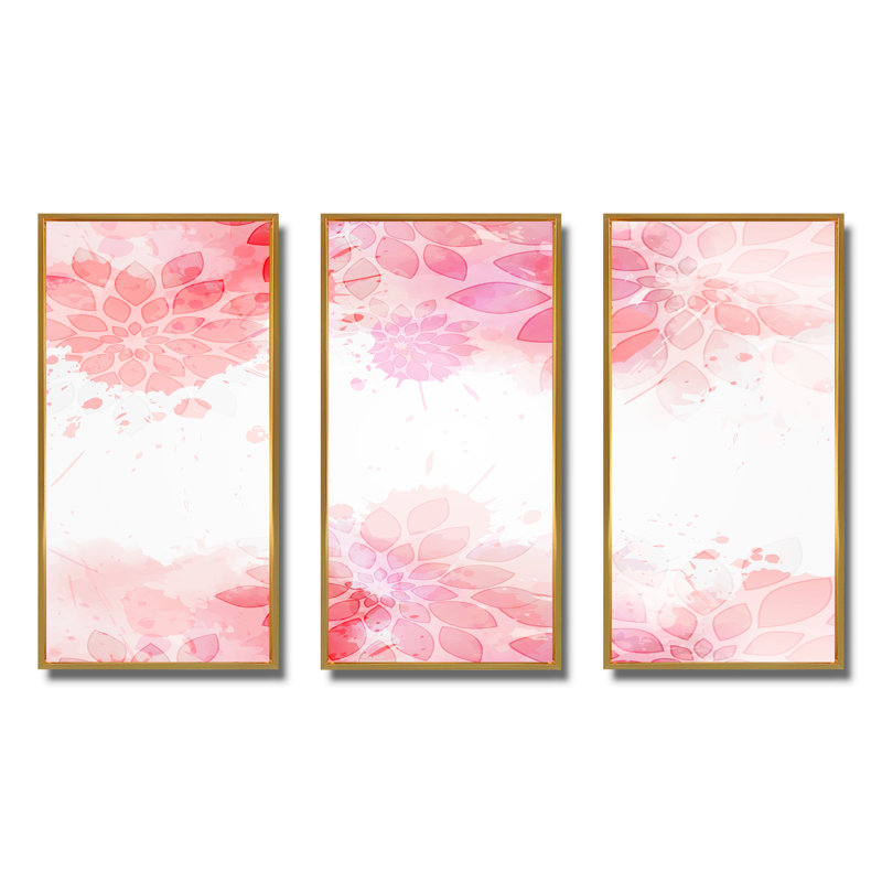 Abstrait fleurs roses éclaboussures II - ensemble d'art moderne sur toile encadrée moderne de 3, Or