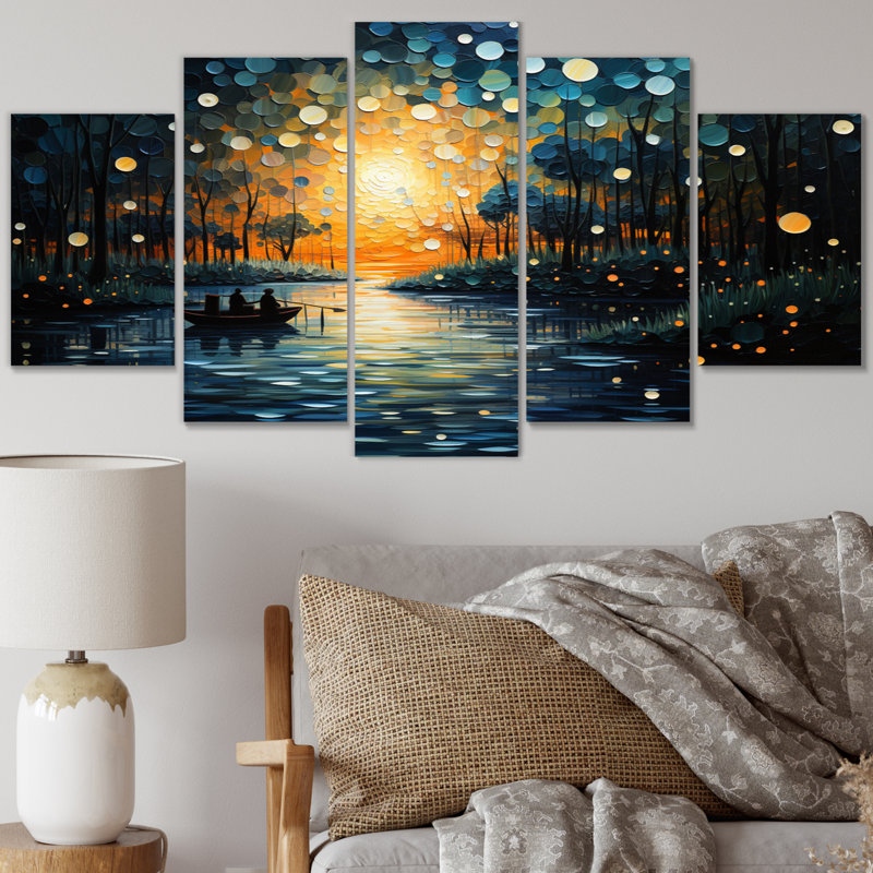 Pointillism River At Sunrise - art mural sur toile Pointillism - 5 panneaux