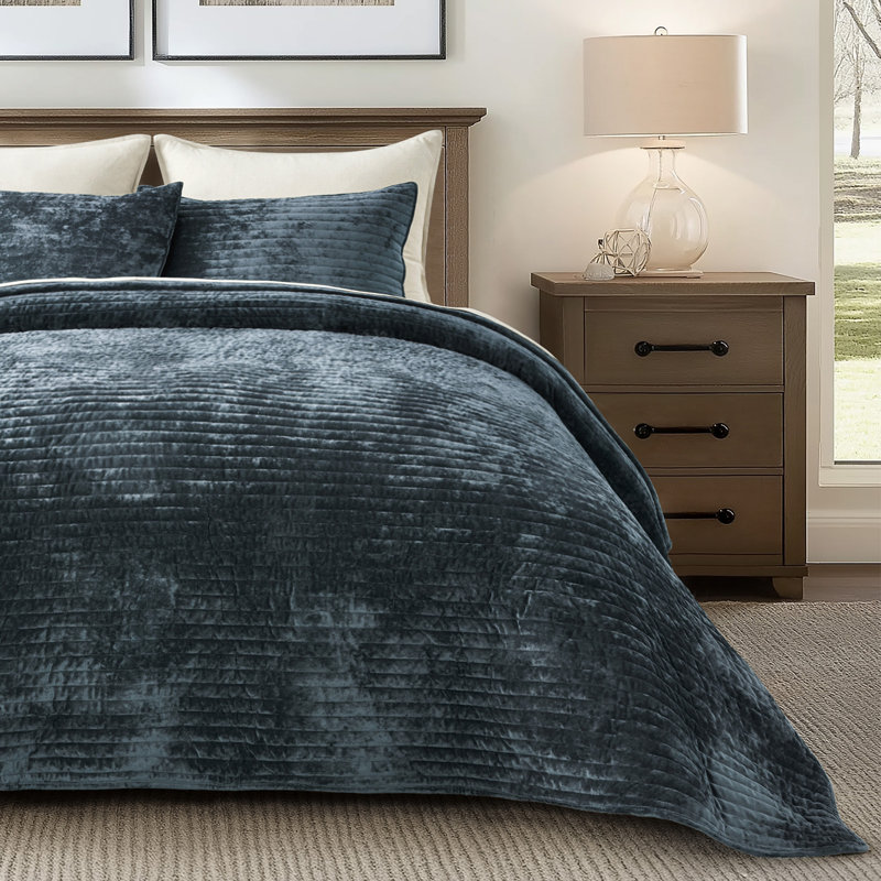 Luxe Velvet Channel Quilt Set, Queen, Stormy Blue