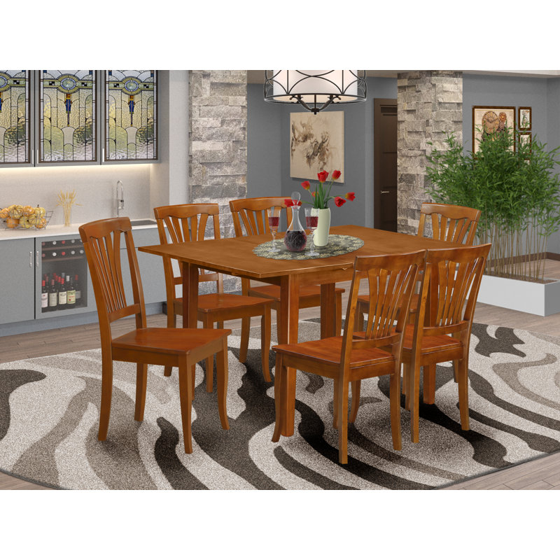 Ensemble de salle à manger 7 pièces composé d'une table de salle à manger rectangulaire avec rallonge papillon et 6 chaises en bois brun selle