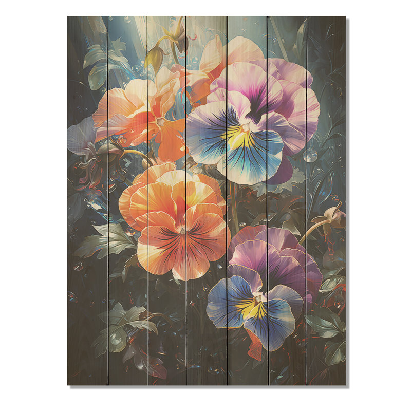 Pensée orange et bleue - sérénité - Pensées sur bois, H 20 po x l 10 po