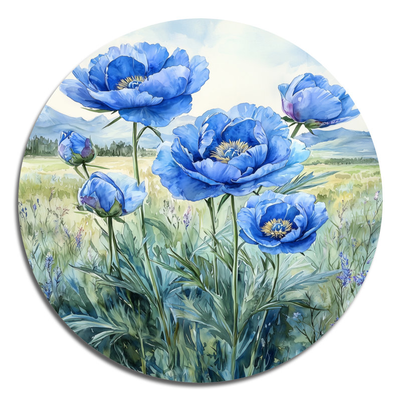Océan bleu pivoines dans le champ I - impression d'art en métal bleu traditionnel, H 16 po x l 16 po