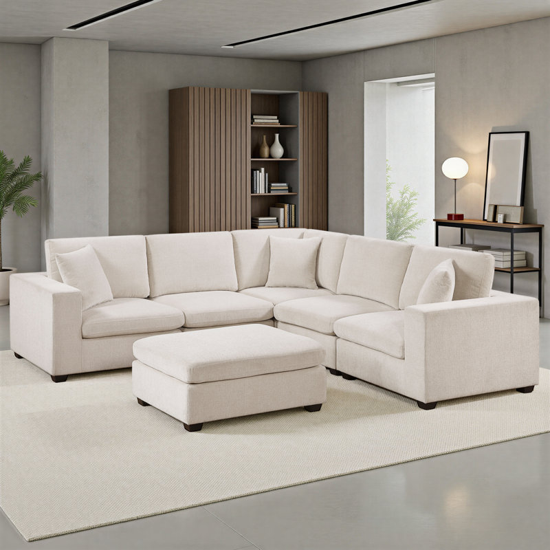 Burbach 118" Modern & Contemporary Chenille 6-Piece Modular Sectional Sofa with Ottoman and Three Accent Pillows