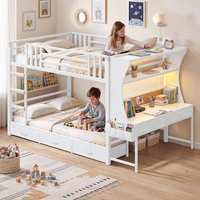Twin Over Twin Metal Bunk Bed with Built-in Desk, LED Light, Storage Drawers and Bookshelf, Kids Bunk Bed Frame with Ladder & Full Guardrail, White