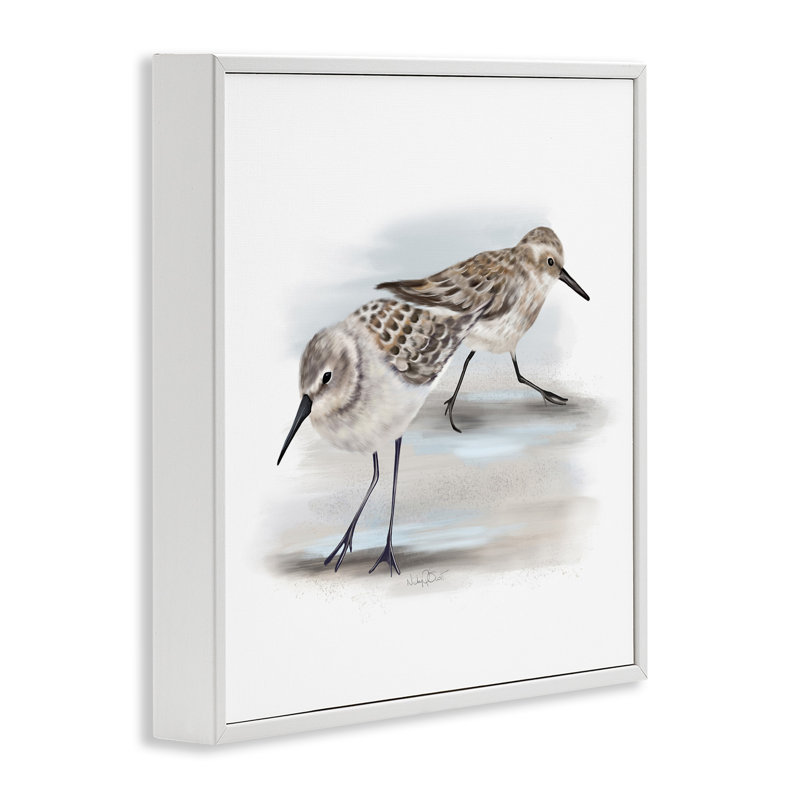 Paire de bécasseaux sur une plage de sable - Petits oiseaux nautiques - Peinture, Giclée encadrée blanc bord de mer