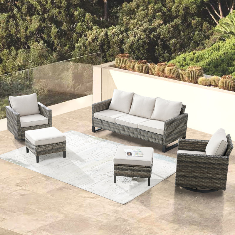 Wicker 5 - Person Patio Conversation Set with Cushions, Belge