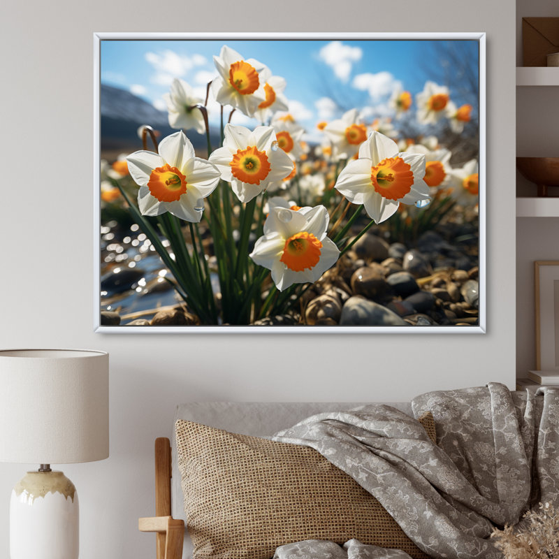 " Daffodils Field Sunset III ", White Floater Framed, 24" H x 32" W