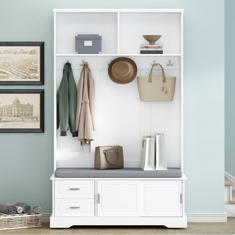 Hall Tree 47'' Wide With Bench And Shoe Storage, White
