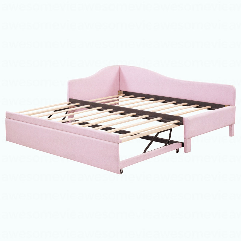 Twin Size Upholstered L-Shaped Upholstered Daybed with Pop Up Trundle, Pink, Pink