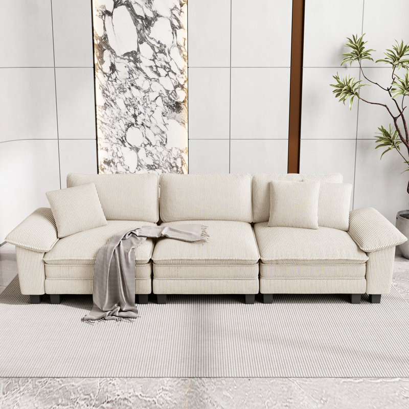 124" Modular Sectional Sofa, Comfy Cloud Couch for Living Room, 3-Seater Deep Seat Sofa with Throw Pillow, 3, Beige Corduroy