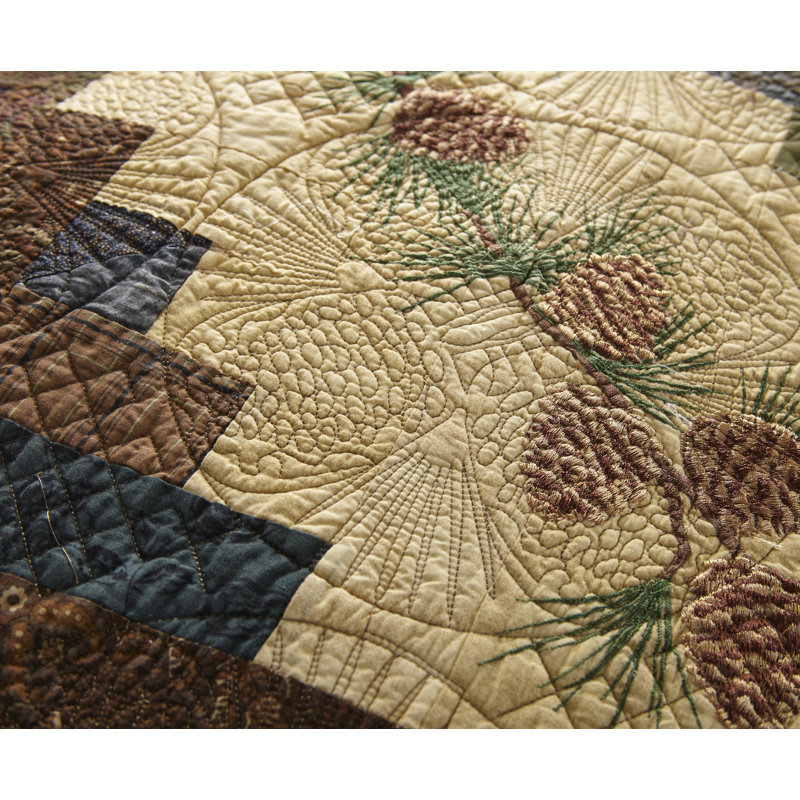 Donna Sharp Cabin Raising Pine Cone Embroidered Pieced Cotton Twin Quilt, Twin Quilt