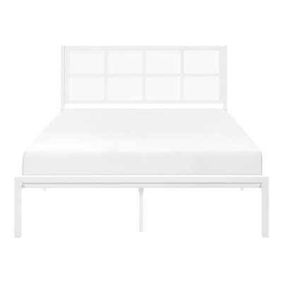 Eastern King Size Metal Frame Bedroom Bed, White With Faux Cane Headboard Panel Construction, For Casual