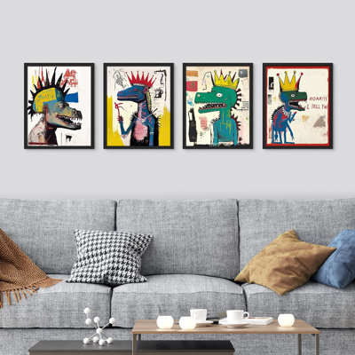 " Vintage Retro Antique Basquiat Dinosaur Print Wall Art Set Of 4 Illustration Prints Contemporary " 4 - Pieces