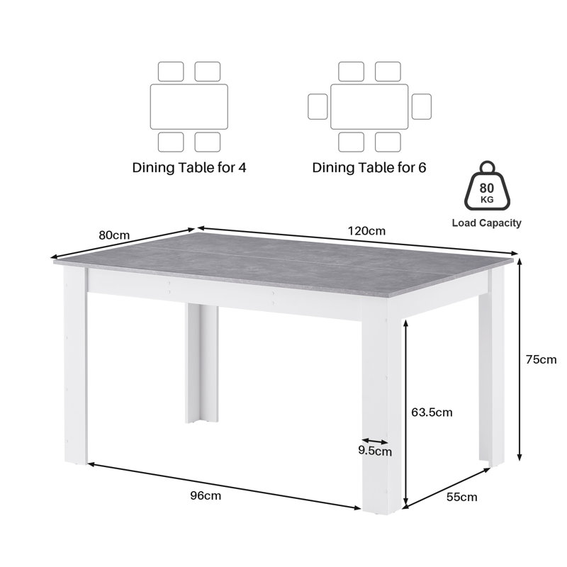120X80x75cm/ 138x90x75cm Dining Table, Greywhite, 75cm H x 120cm W x 80cm D