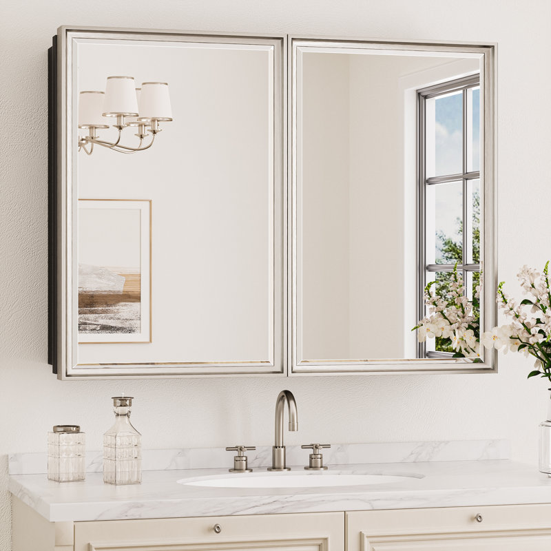 Lunara Recessed & Surface Framed 2 Door Medicine Cabinet with Mirror and Shelves, 30" H x 36" W x 5.2" D, Nickel