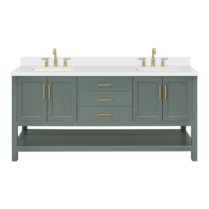 Meuble-lavabo double 73 po Moille Bayhill en vert rétro avec lavabo rectangulaire en quartz blanc pur 1,5 po, Rectangular