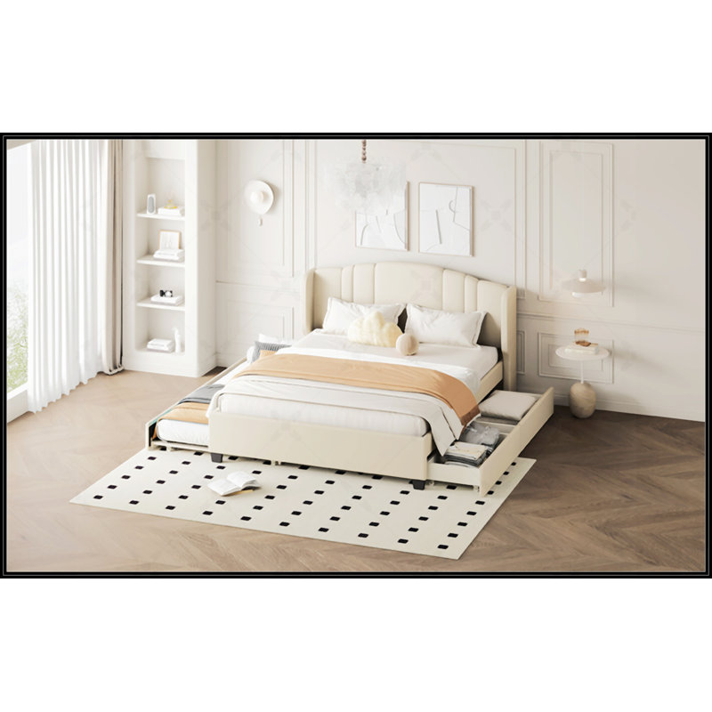 Lit plateforme tapissier avec tête de lit à oreilles, Beige