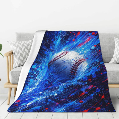 Jeté en flanelle douce pour canapé-lit Splash baseball bleu | Molleton anti-boulochage, peluche douillette, chaleur légère, rétrécissement des plis, voyage de camping en camping, option de cadeau des Fêtes, 30 po x 40 po