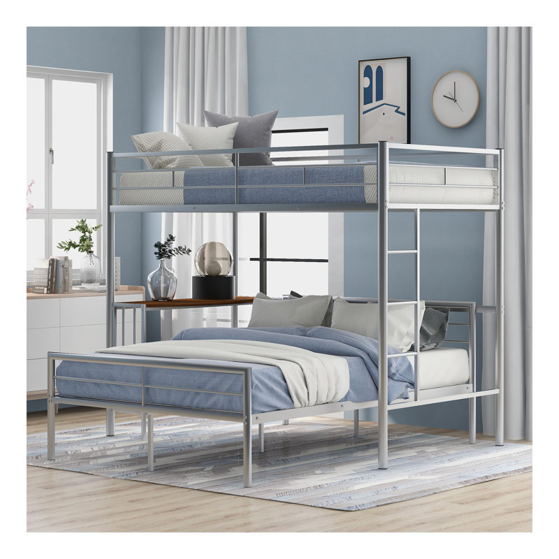 Lit superposé simple au-dessus d'un lit double en métal avec bureau, échelle et lattes de qualité pour la chambre à coucher, argent métallique