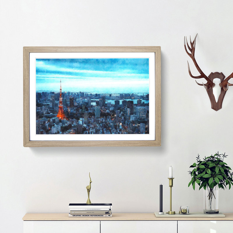 Tokyo Tower & Japan Skyline - Picture Frame Painting Print on MDF, Oak Framed, 24cm H x 33cm W x 2cm D