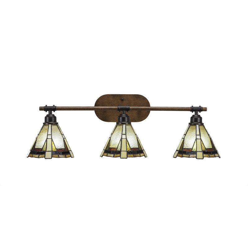 Barre d'éclairage de salle de bain 3 lumières Blacksmith en métal peint aspect bois et finition granite foncé avec verre Zion