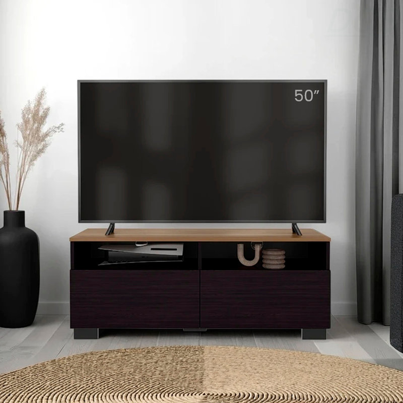 Meuble télé avec porte et rangement ouvert, meuble télé