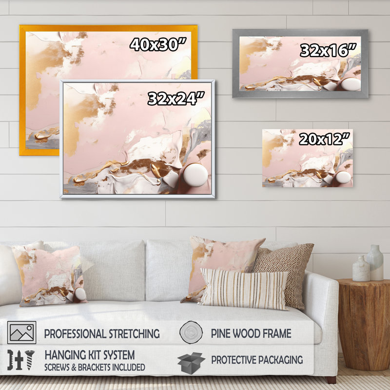 " Pink And Gold Mysterious Marble I ", 34" H x 44" W x 1.5" D, Gold Floater Framed