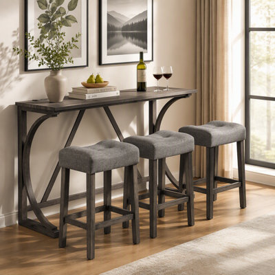Ensemble de table de bar 4 pièces avec prise de courant, ensemble de table de bar et chaises, ensemble de table de bar avec 3 tabourets rembourrés pour le salon, la salle à manger, la salle de jeux, gris foncé