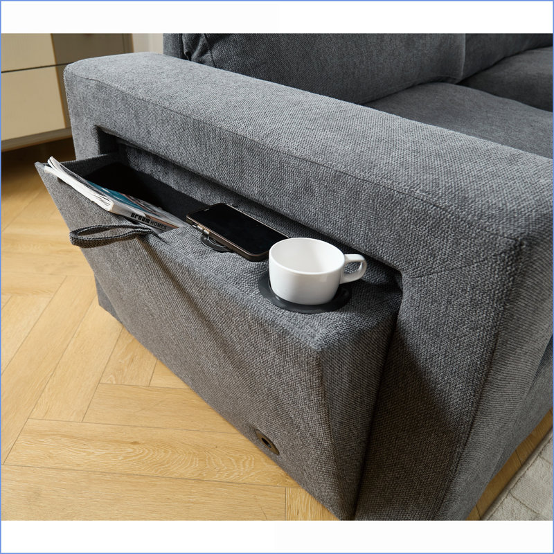 Canapés modulaires pour le salon, canapé modulaire en L à 5 places avec chargement sans fil, porte-gobelets et amp; Rangement pour livres | Gris ardoise | Bois et tissu