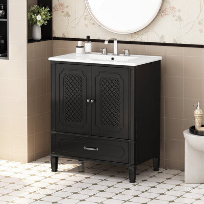 Meuble-lavabo 30 po avec lavabo style rétro, espace de rangement multifonctionnel, tablette de porte, porte à fermeture en douceur, noir