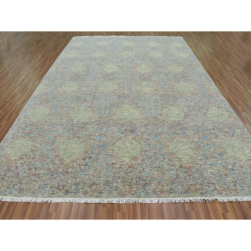 Tapis oriental rectangulaire en laine vert noué à la main 10 pi 0 po x 14 pi 2 po - MOA10279436, Rectangle 10 pi x 14 pi 2 po