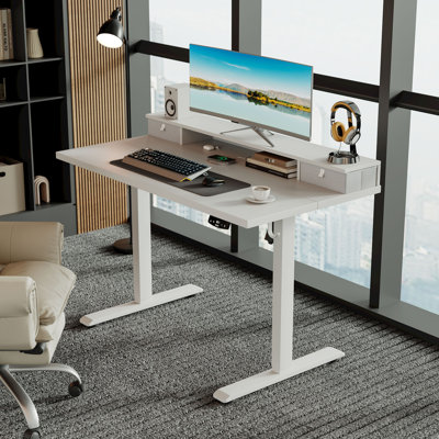 Electric Standing Desk With Drawers,Home Office Height Adjustable  Desk with Large Monitor Shelf