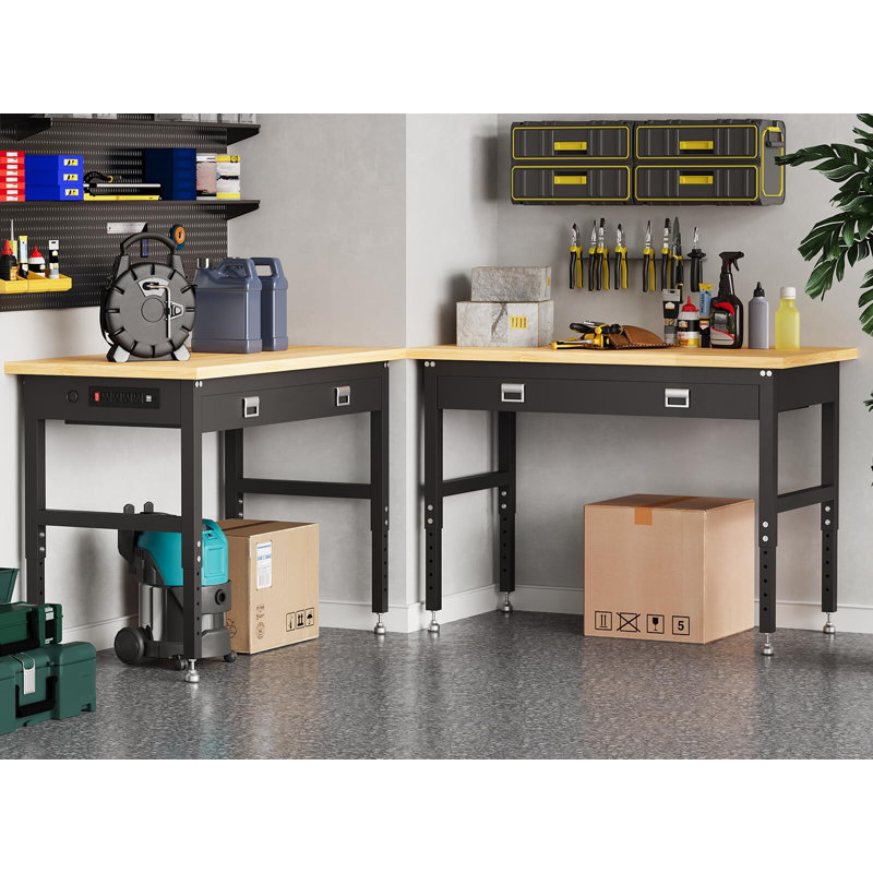 Établi 60 po avec grands tiroirs, bureau à capacité réglable de 2200 lb, table de rangement à hauteur de garage manuelle de 28 à 40 po pour atelier